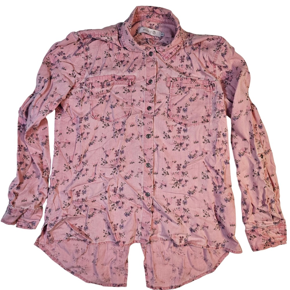 Billy T Pink Floral Split Back High Low Button Down Shirt Small